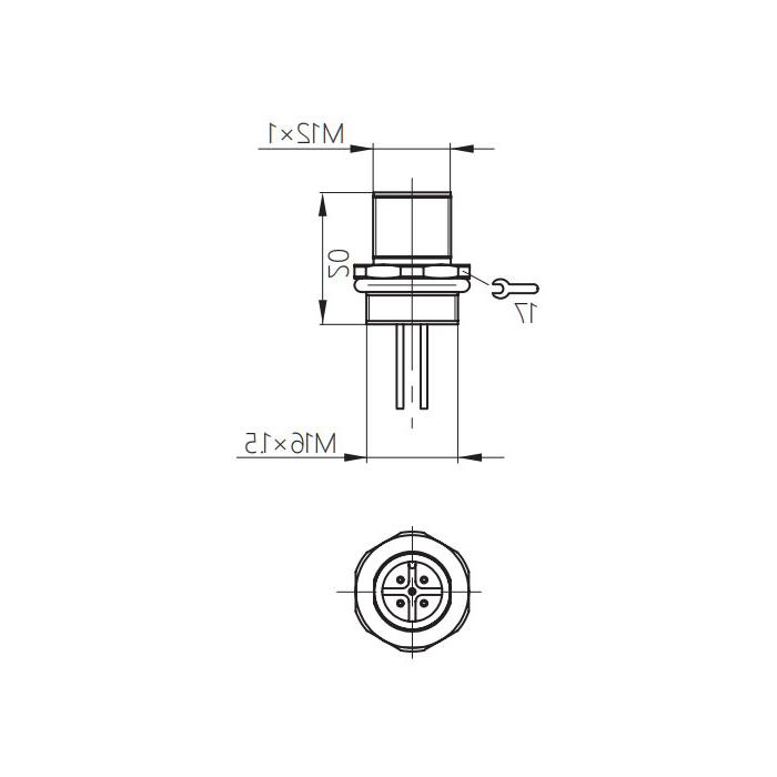 M12 4Pin, straight male, flange socket, front mounting, for PCB mounting, 64SA21P